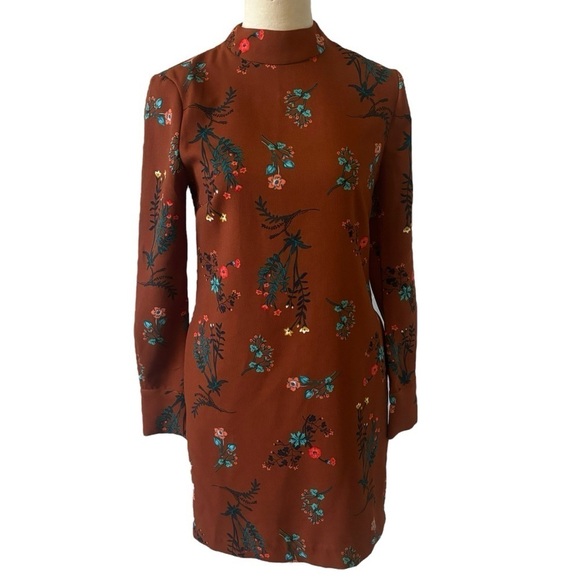WAYF Brown Floral Long Sleeve Mock Neck Shift Dress Academia Preppy Size XS - Picture 1 of 13